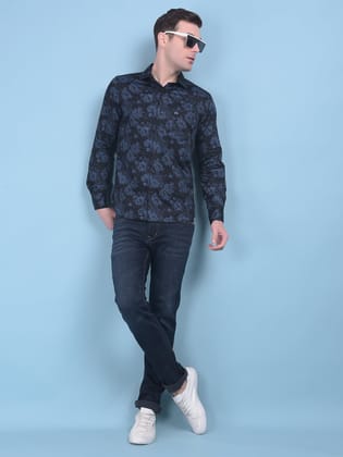 Blue Floral Print 100% Cotton Shirt-M / Blue