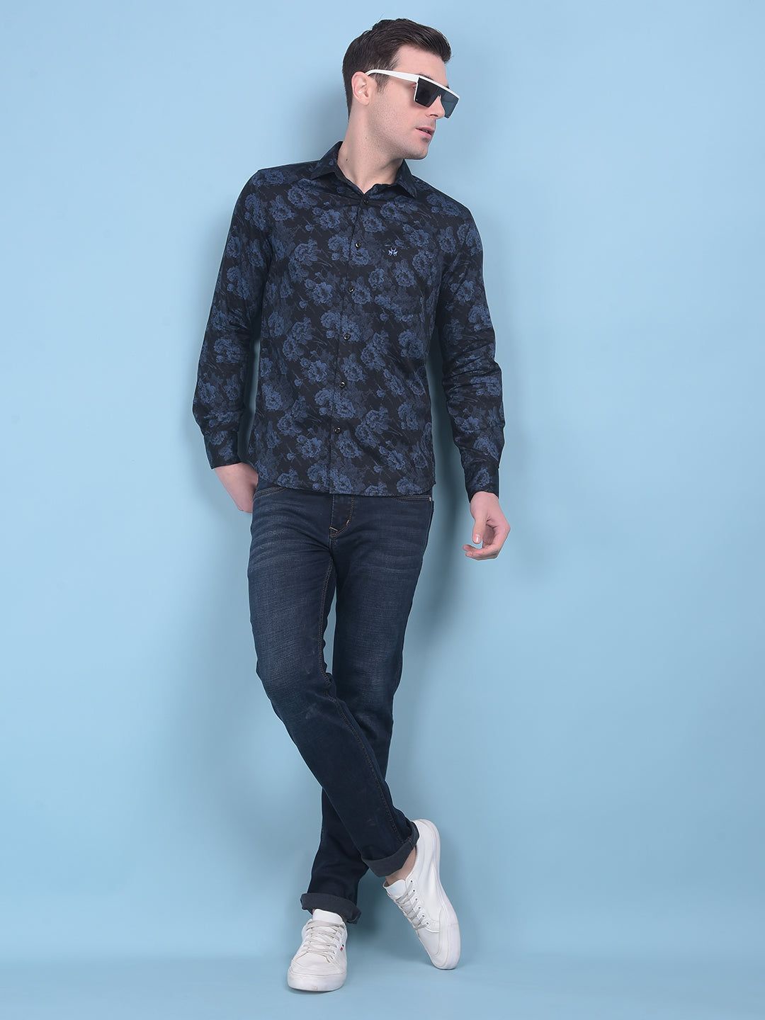 Blue Floral Print 100% Cotton Shirt-M / Blue