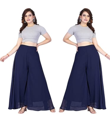 Generic Women's Georgette Solid High-Rise Wide Leg Flared Palazzo Pants with Elastic Waist, Ankle Length Trousers for Daily, Office and Casual Wear (Navy Blue, XL, Pack of 2, Design 67544)