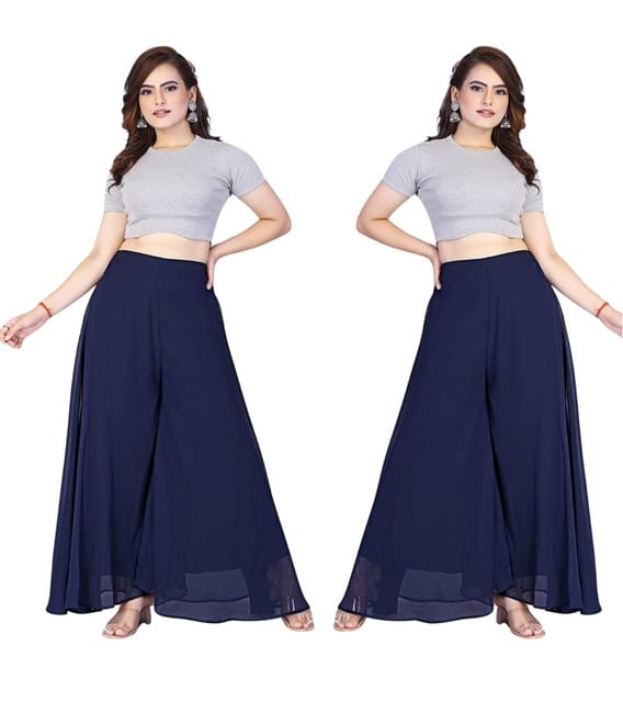 Generic Women's Georgette Solid High-Rise Wide Leg Flared Palazzo Pants with Elastic Waist, Ankle Length Trousers for Daily, Office and Casual Wear (Navy Blue, XL, Pack of 2, Design 67544)