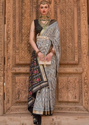 Grey And Black Printed Patola Silk Saree