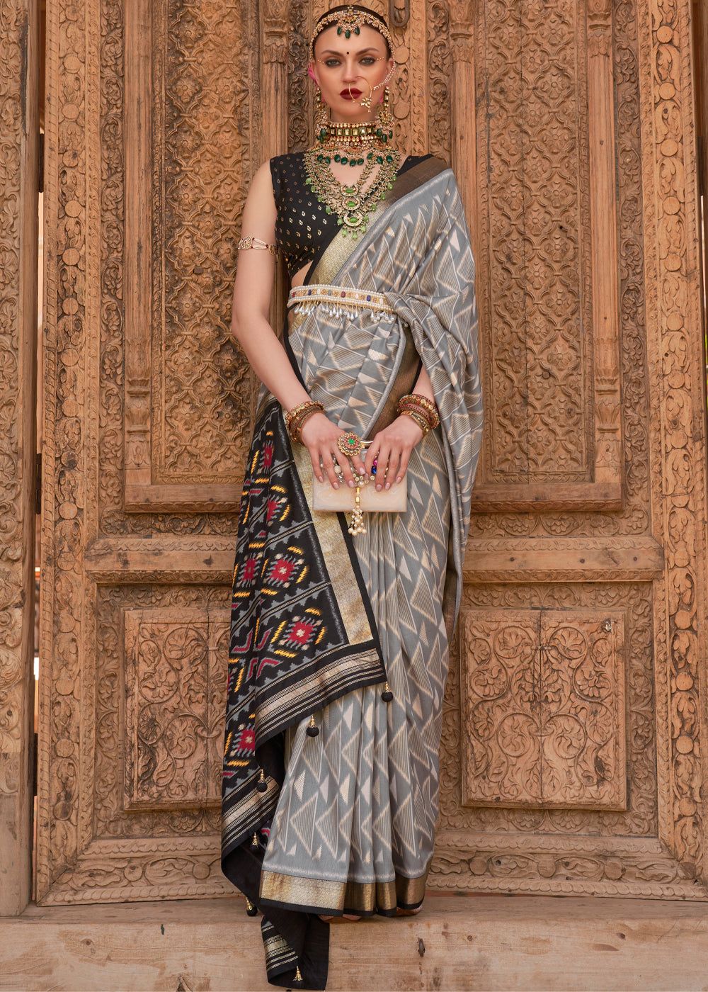 Grey And Black Printed Patola Silk Saree