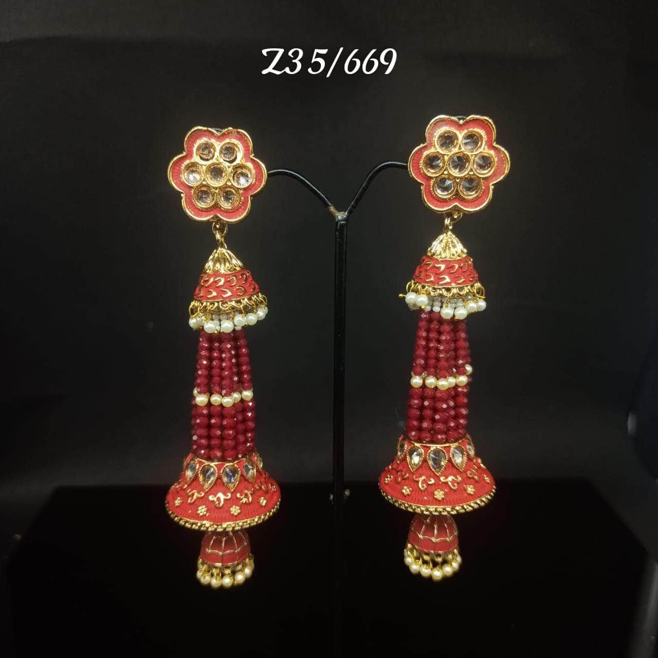 Kundan Pearl Earrings Jhumkas Design-Red