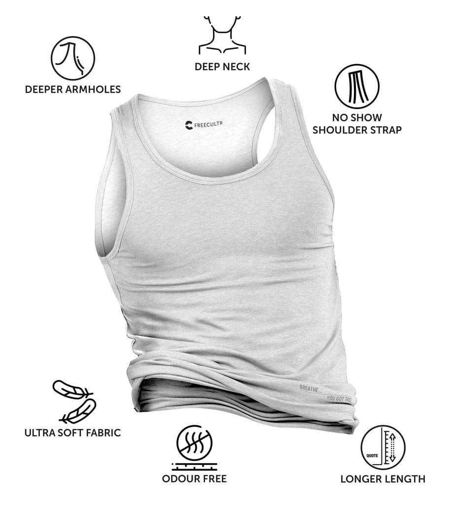 Freecultr Vest for Men | Bamboo Sleeveless, Super Soft Round Neck Gym Comfort Vest | Workout Regular Fit Innerwear | Breathable Sando with Long Hemline Pack of 1-White