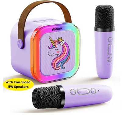 New Unicorn Themed Karaoke Speaker with 2 Wireless Mics & LED Lights (Purple)