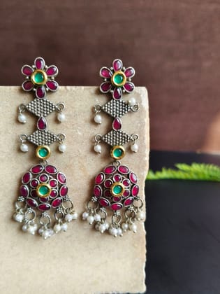 Elegant Silver Replica Dangler Earrings with Pearl & Kundan | Sarichka-Red+Green