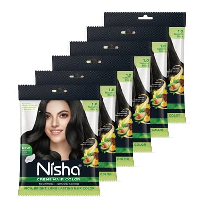 Nisha Creme Hair Color Natural Black 40g Pack of 6, Permanent Hair Color for Women Men, No Ammonia, 100% Grey Coverage