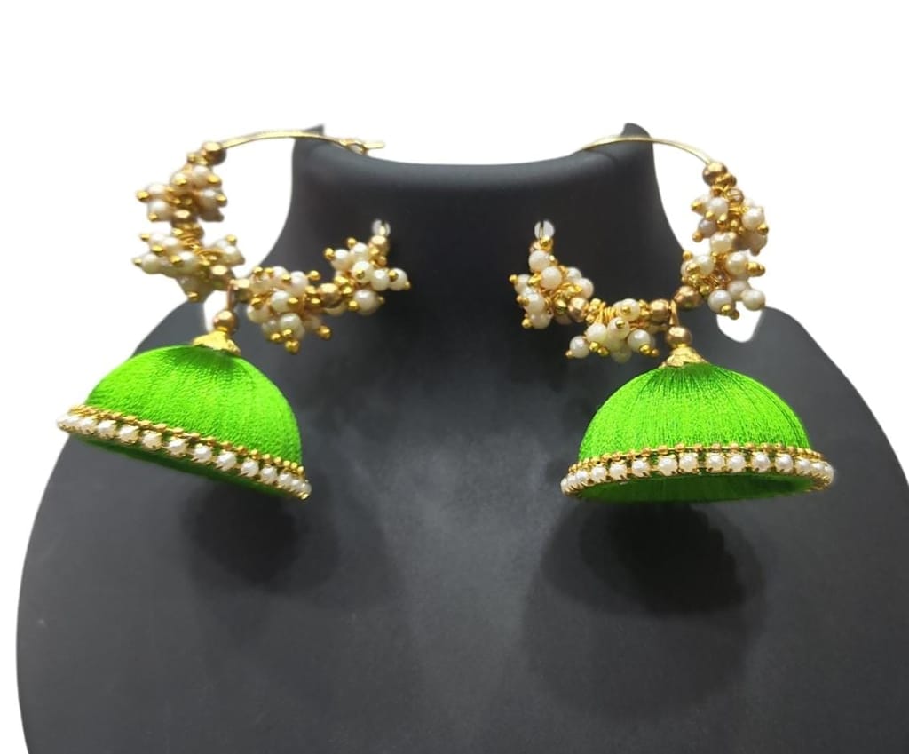 Green Jhumka Earrings with Pearl Beads
