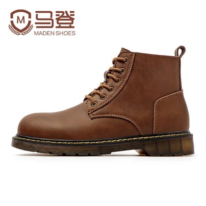 Maden Men Leather Boots Comfortable Winter Warm Shoes Male Motorcycle Men Ankle Boots Men Oxfords Snow Shoes Men Work Boots Mart-brown / 6
