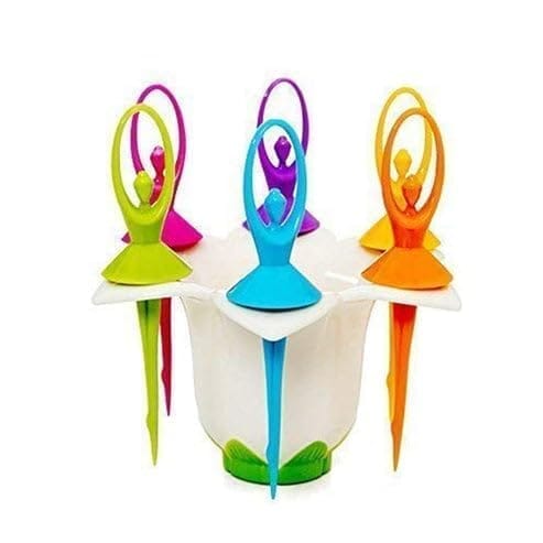 DHRUVINSRI Dancing Doll Fruit Fork Cutlery Set with Stand, Multicolor | Fun & Practical | Reusable & Easy to Use | Pack of 6