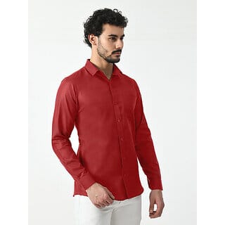 Alokk Men Regular Fit Solid Curved Collar Casual Shirt (Maroon)