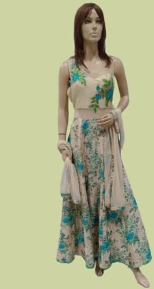 Woman's Beige Floral Printed Stylish Full Length Kurta Churidar Set With Dupatta-H-7071 . / Beige / M