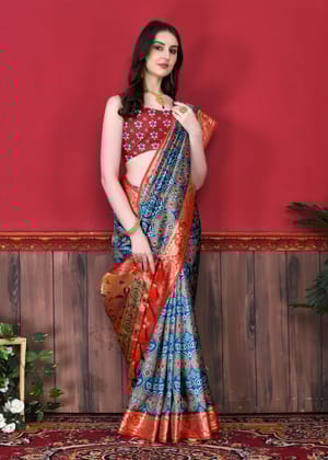 Yavira silk Women's Blue Printed Silk Blend Saree