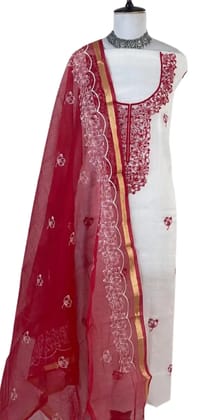 Kota Doria Dress Material Maroon Red Floral Yoke