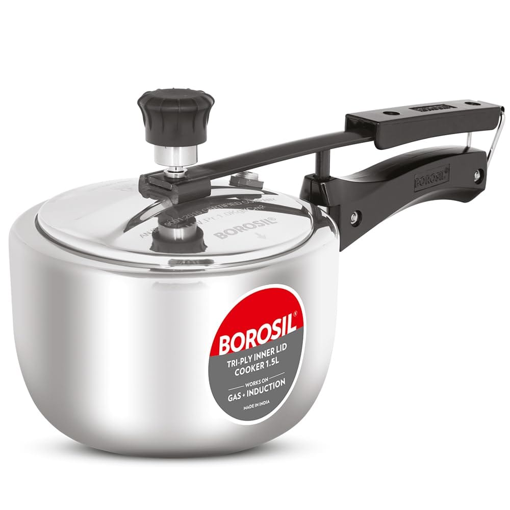 Borosil Triply Induction Base Inner Lid Stainless Steel Pressure Cooker, 1.5 L, 500 milliliter