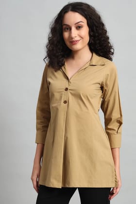 Classic Button-Up Collar Tunic, Khaki-XS