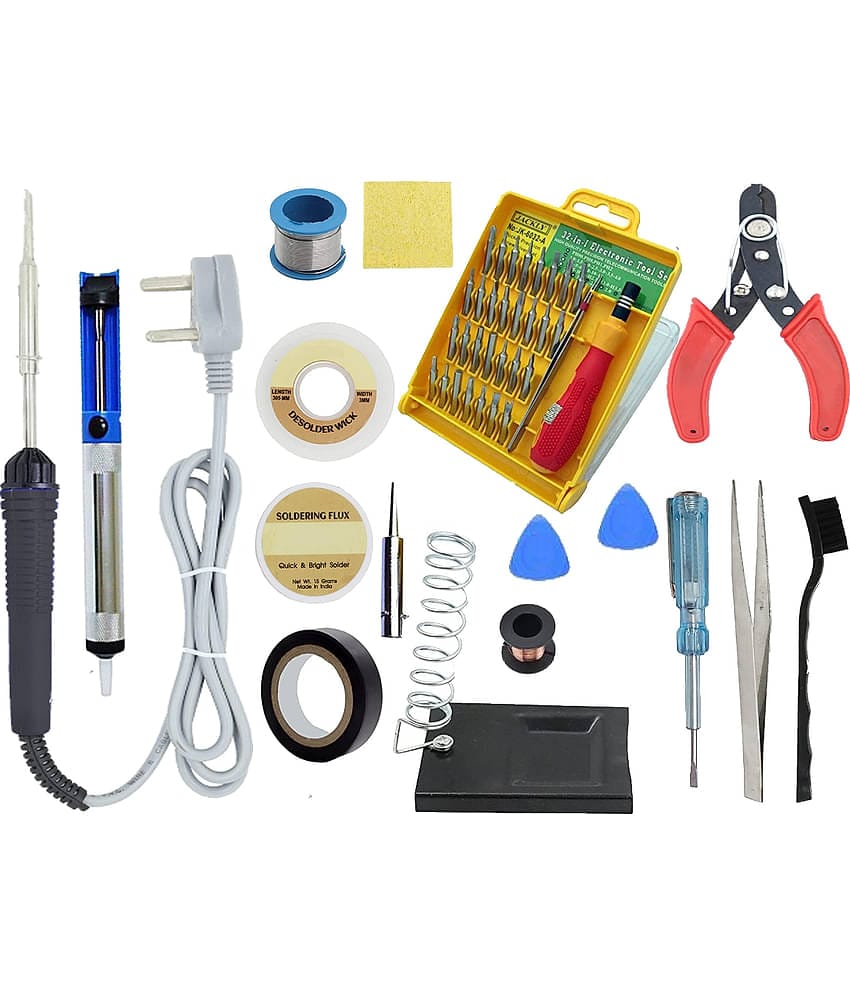 ALDECO: ( 17 in 1 ) 25 Watt Soldering Iron Kit With- Black Iron, Wire, Flux, Wick, Stand, Cutter, Tape, Jumping Wire,Brush, Tester, Tweezer, Desoldering Pump, 2 Clip, Sponge, Bit, Jackley 32
