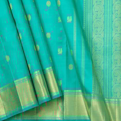 Turquoise Blue Kanjivaram Silk Saree With Short Border For Bridal Wear PV NYC 1253