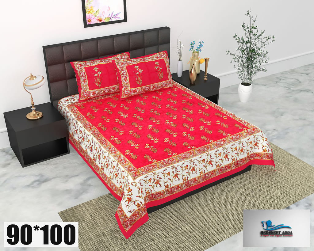 2001-Bedsheet Adda-Pure Cotton Jaipuri Printed Double Bedsheet With 2 Pillow Covers-Mirchi