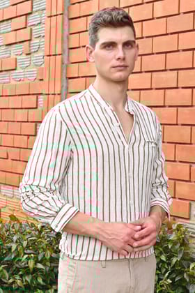 Clover - Striped Shirt With Mao Collar - Brown-L-42 / BROWN