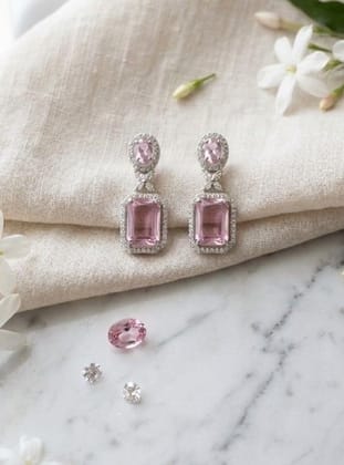 Generic Women's Brass Silver Plated Drop Earrings (Pink)-PID66248