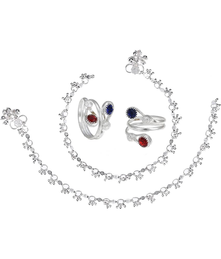 AanyaCentric Silver Plaed 1 Pair Anklet & 1 Pair Toe Ring Combo
