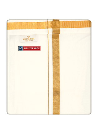 Mens Cotton Cream Double Layered with Gold Jari Velcro Pocket Dhoti - Energy-4Mtr