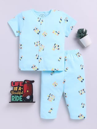 Blue Cotton Half Sleeves Typography Nightwear Set-3-6 m