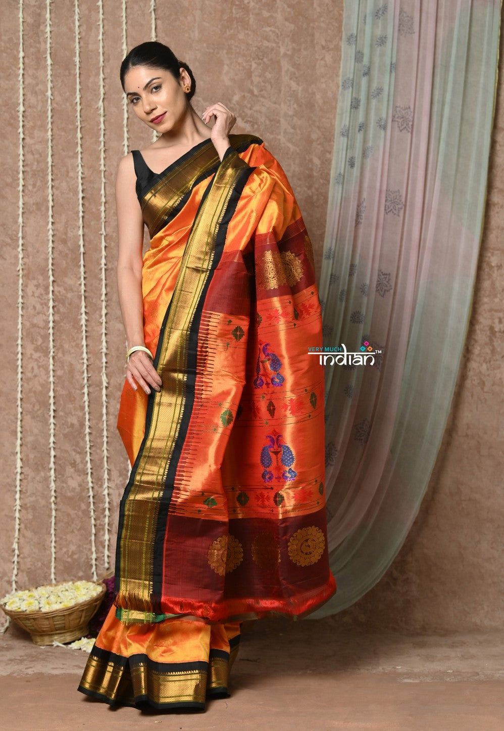 Tyohaar ~ Handloom Pure Silk Maharani Paithani Saree with Handcrafted Maharani Pallu ~ Saphire Orange