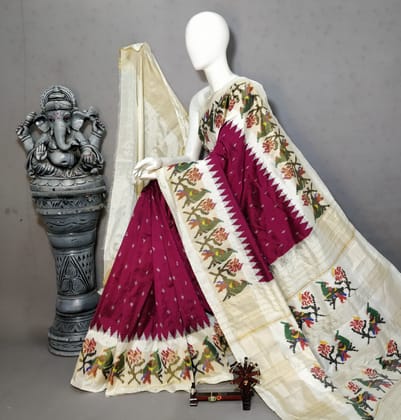 Pure Pochampally Ikkat Silk Body Color Maroon Border Pallu Cream