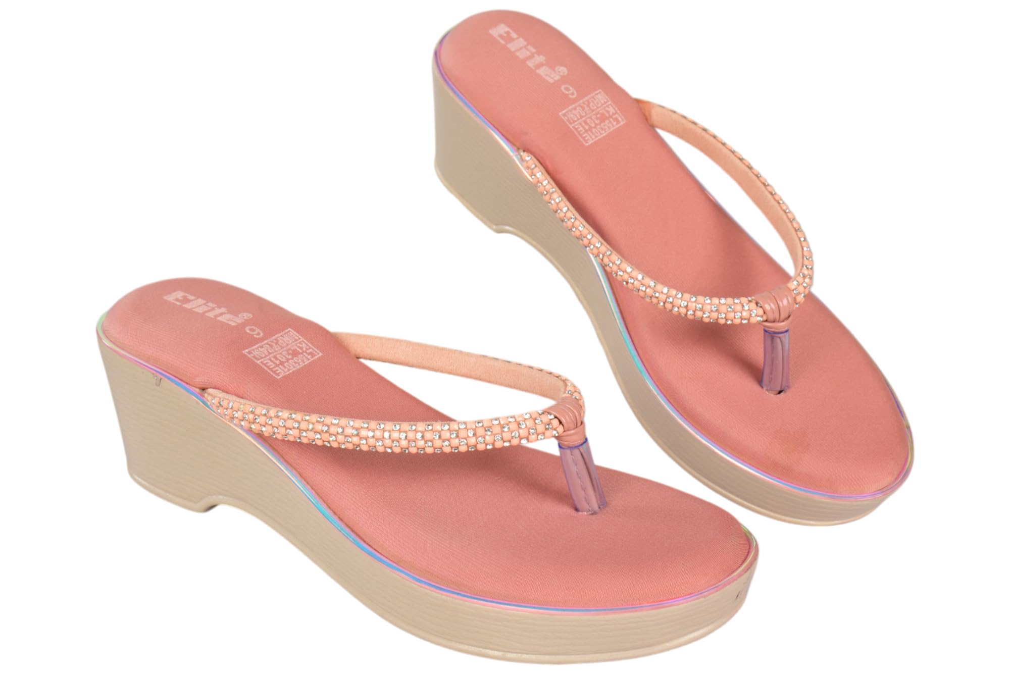 Women's Rhinestone Embellished Platform Sandals | Wedge Heel - Casual Wear - Peach