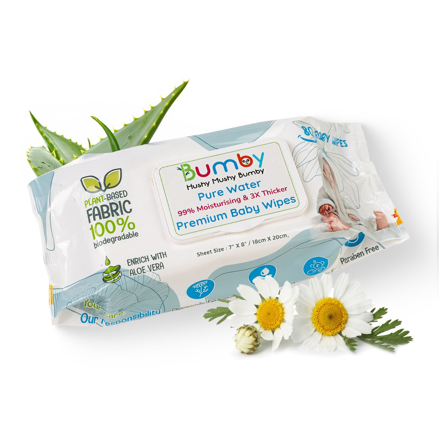 Bamboo Wet Wipes with Lid – 80 Pieces(18cm X 20cm)| Enriched with Alovera & Vitamin E | Gentle & Soft Wipes, Moisturizing & Skin-Friendly | Plant Based Wet Wipes