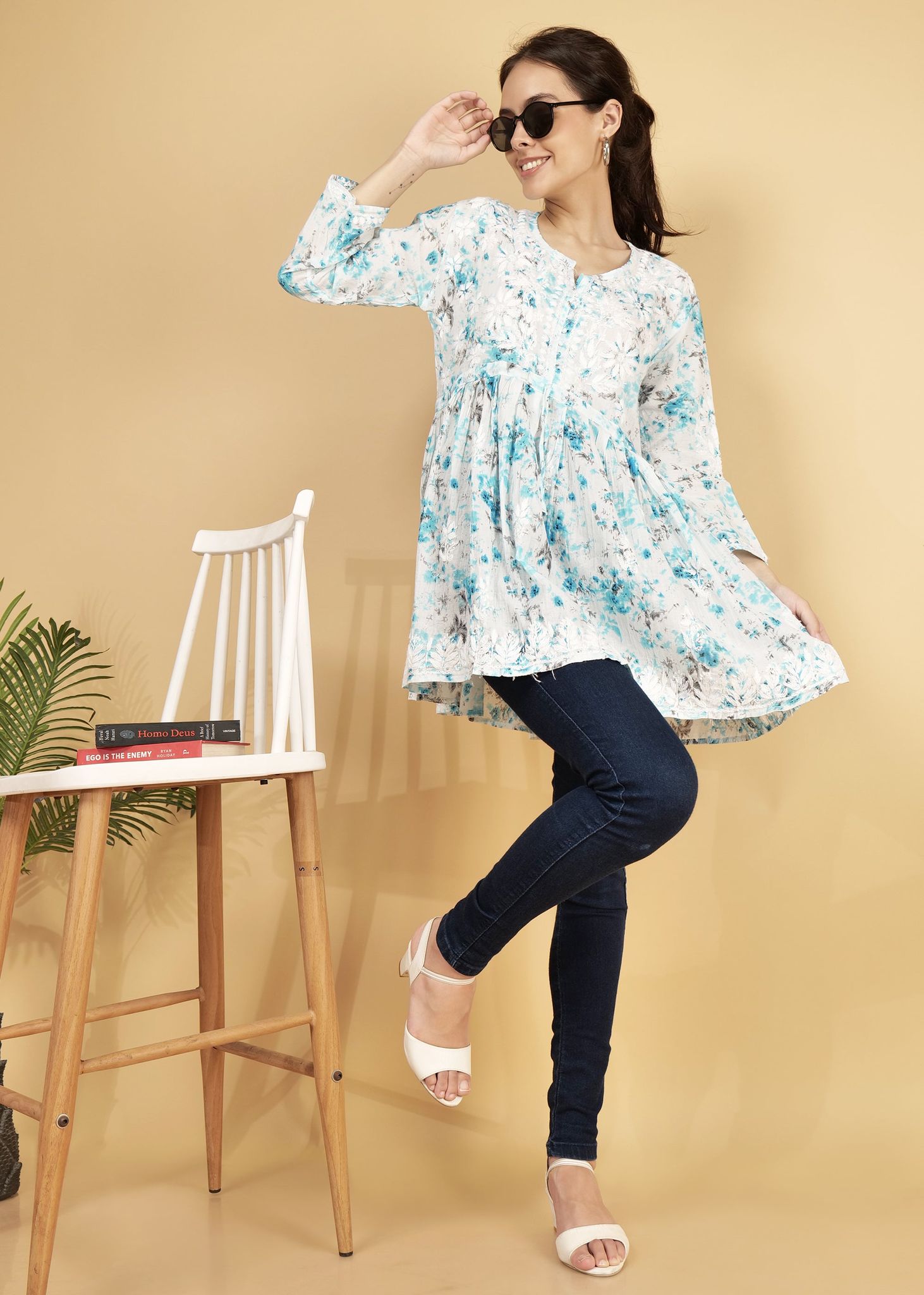 Mulmul Short Frock Style Kurti - Floral Print Blue
