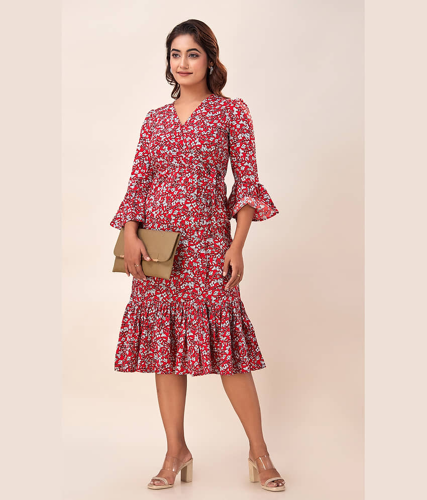 FabbibaPrints Women Crepe Printed A-line Dress ( Red )