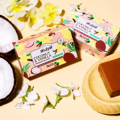 Atulya Coconut & Vanilla Handcrafted Soap for Dryness | Gentle Cleanser - 100gm Atulya Coconut & Vanilla Handcrafted Soap for Dryness | Gentle Cleanser - 100gm