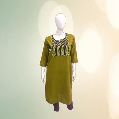 Olive Green Cotton Kurti with Paisley Embroidery | Ethnic Casual Wear | Comfortable Daily Kurta