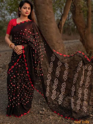 Chiffon Handwork Bandhani Saree - Black