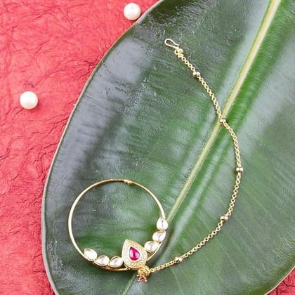 Gold Plated Polki Nose Ring With Chain