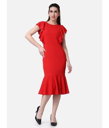 POPWINGS Women Polyester Solid Bodycon Dress ( Red )