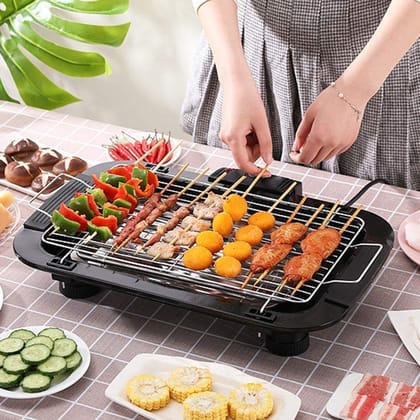 Portable Tabletop Grill Kitchen BBQ Grills Adjustable Temperature Control Portable Electric Grill Electric Barbecue Smokeless Indoor and Outdoor Grill Barbeque Grill Outdoor with Wooden Handle BBQ Skewer