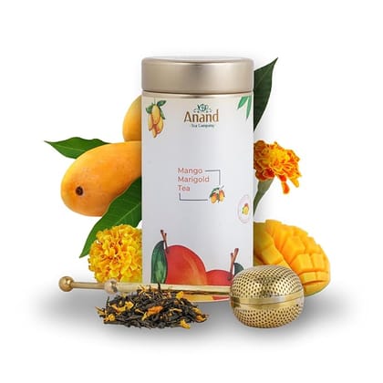 ANAND TEA - Mango Marigold Green Tea, Fruity, Floral, Rich in Vitamins & Antioxidants, Marigold Petals, Freeze Dried Mango Flavored Tea, Whole Leaves Green Tea, 50gm, Loose Leaf with Brass Infuser