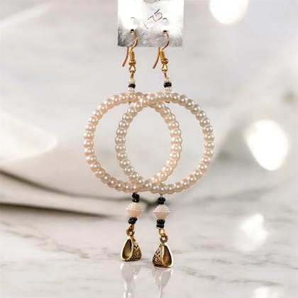 Handcrafted Pearl Bead Hoop Earrings – Gold-Tone Charms | Lightweight Ethnic Style, 6 cm, Set of 1 Pair