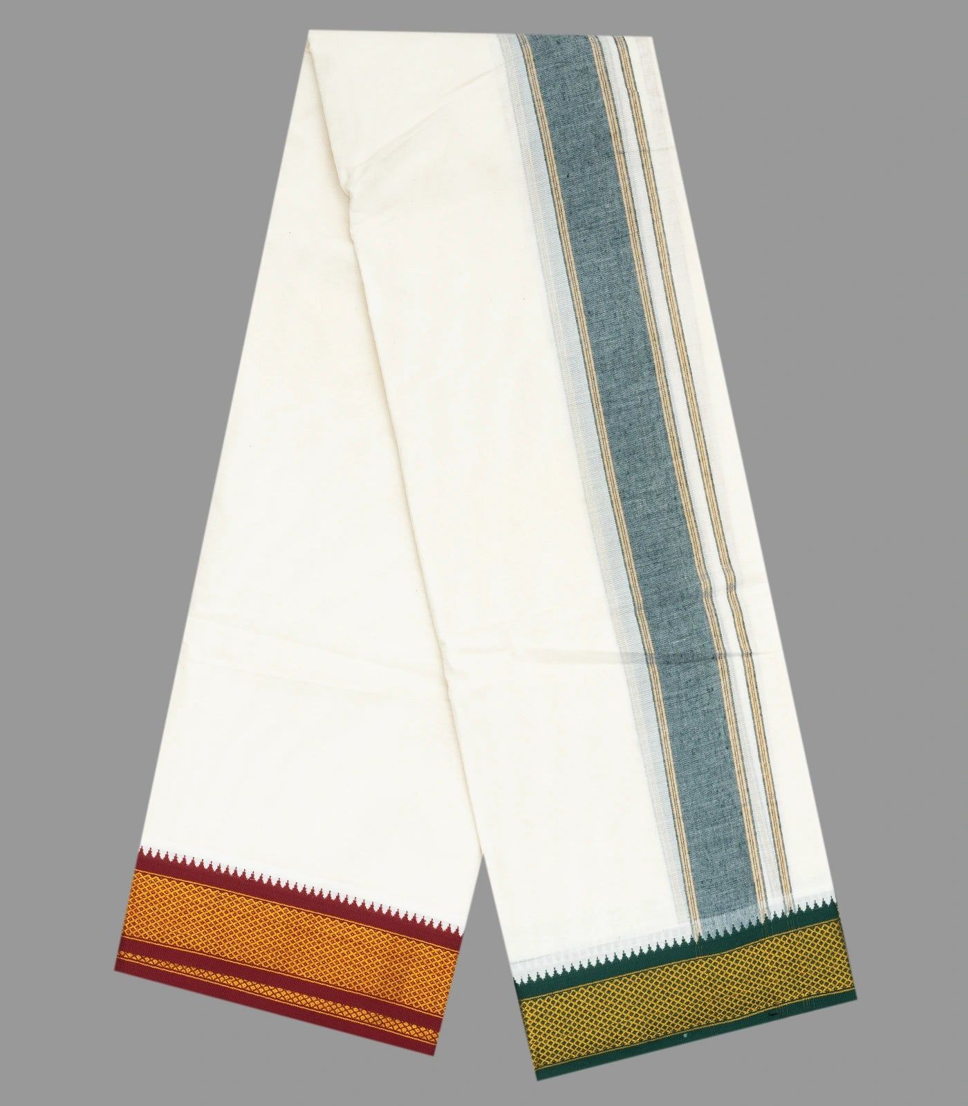 Cream 10 x 6 Cotton Dhoti with Green And Crimson 10 Kan Border-CD1452-Cream