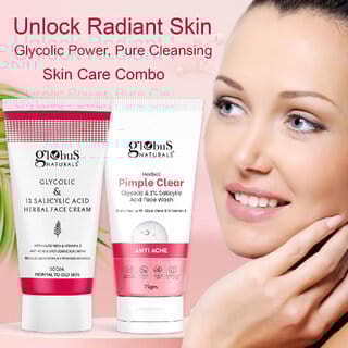Globus Naturals Anti Acne & Pimple Clear Glycolic Face Care Combo- Face Wash 75gm, Face Cream 50gm, Set of 2