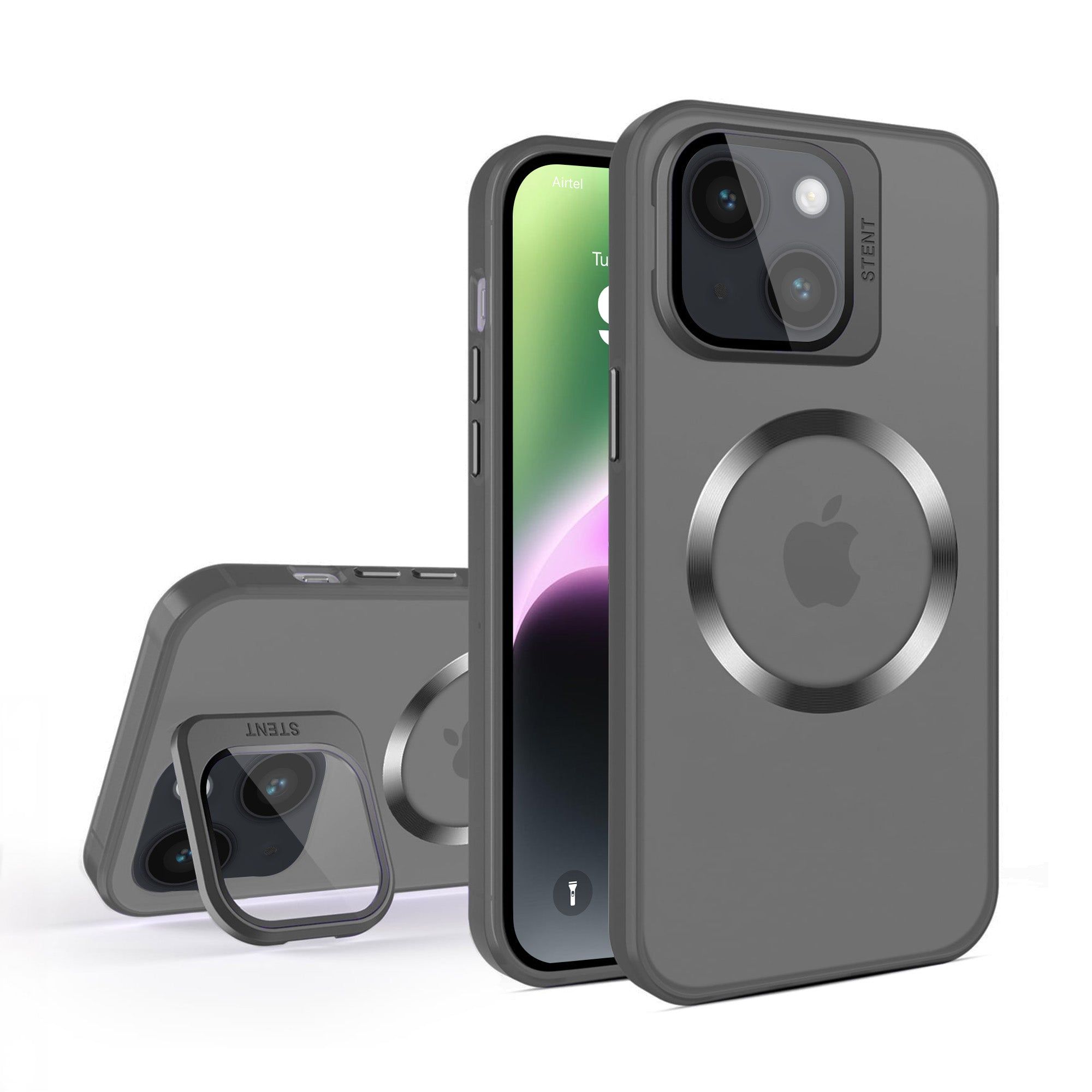 Vaku® Apple iPhone 14 Rime Frosted Magnetic Magpro Translucent Camera Protector Case with Built-in Stash Stand Back Cover