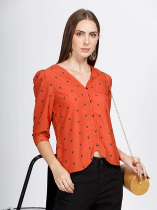 Women Top, 3/4 Sleeve, Polyester, Orange-XS / Orange