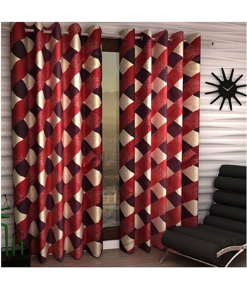 Phyto Home Floral Semi-Transparent Eyelet Long Door Curtain 9 ft Pack of 4 -Red