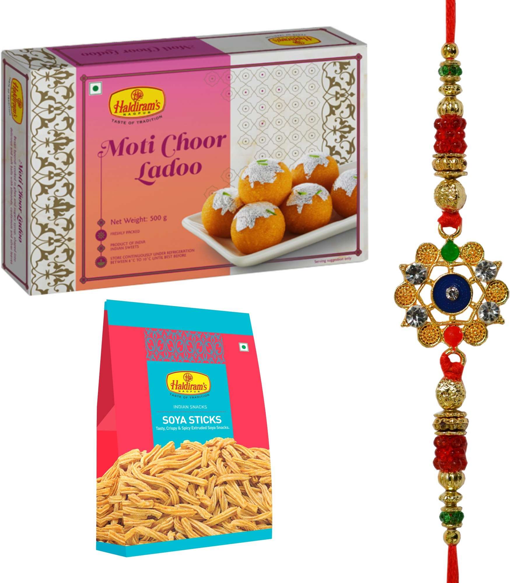 Haldiram's Nagpur Moti Choor Ladoo 500gm, SOYA Sticks(200 gm) With Premium Rakhi Gold Gift Box (Multicolor)