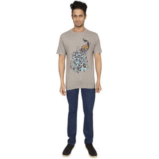 Red Line Grey Melange Printed Round Neck T-Shirt
