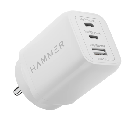 Hammer Gan Charger 65W Type C & USB Port Fast Charger Hammer Gan Charger 65W Type C & USB Port Fast Charger - White